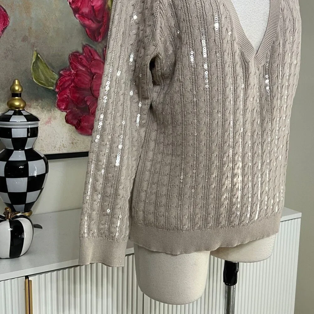 L'Agence Women's Cable Knit Sequin Long Sleeve Pullover Sweater Beige Size Large
